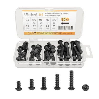 M6 x 10mm 12mm 16mm 20mm 25mm Button Head Socket Cap Screws Bolts, 10.9 Grade Alloy Steel, Metric Allen Hex Drive, Black Oxide Finish, Fully Threaded, Assortment Kit 50Pcs - size: Button Head M6x10, 12, 16, 20, 25mm(50pcs)