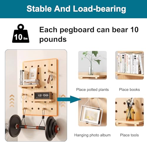 HJZALMI Pegboard Wall Organizer, Wood Pegboard Combination Kit with Shelves & Hooks, Modular Peg Board Panels Storage System for Office Organization Kitchen Bedroom, 15.7"x23.6"x0.6", Beige | Pegboard Combination Kit with Shelves & Hooks, Modular PegBoard