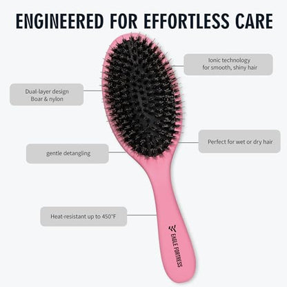 EAGLE FORTRESS Boar Bristle Hair Brush for Women, Men & Kids, Detangling Hair Brush with Polished Nylon Pins for Fine, Thin, Wet & Dry Hair, Hair Extensions, Smooth & Shine – Rose - color: Rose