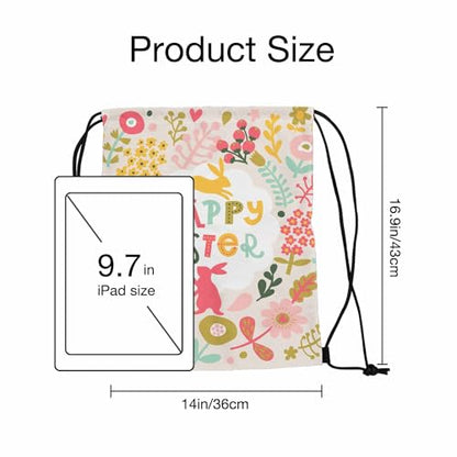 Drawstring Backpack Happy Easter Lightweight Gym Backpack Surrounding by Rabbits Pink Yellow Flower Red Berry Green Leaf for Women Men 14x16.9 Inch - color: Rabbits