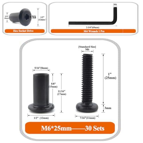 Black M6 x 1" Hex Drive Socket Cap Bolts Screws Kit,ALLOYPRO 30-Sets Binding Post Screws Socket Cover Connecting Bolt Fixing Post Screw for Furniture Chair Crib Table Cabinets,M6x25mm - color: Black, size: Black-M6*30mm-30sets