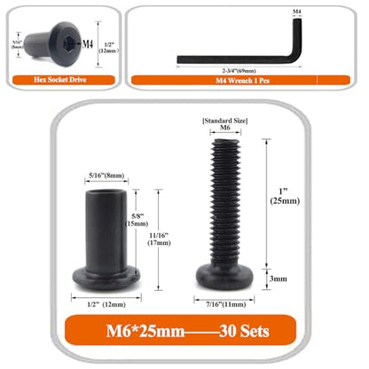 Black M6 x 1" Hex Drive Socket Cap Bolts Screws Kit,ALLOYPRO 30-Sets Binding Post Screws Socket Cover Connecting Bolt Fixing Post Screw for Furniture Chair Crib Table Cabinets,M6x25mm - color: Black, size: Black-M6*30mm-30sets