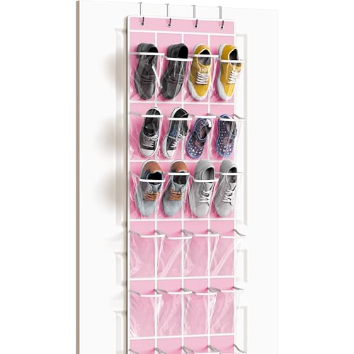 Simple Houseware 24 Pockets Clear Over the Door Shoe Organizer, Pink | 64" x 19", 4 Durable Metal Hooks, 4.3" x 9.5" Pocket Size, Multipurpose - color: Pink, size: Large Pockets