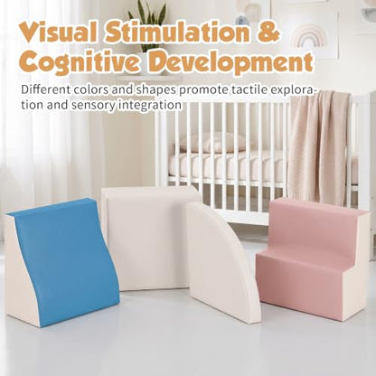 TODIBY 4-Pieces Climbing Toys for Toddlers: PU Leather - Soft Play Climbing for Toddlers - Foam Climbing Blocks for Crawling and Sliding Indoor Playground for Kids（Blue Pink） - style: Blue Pink