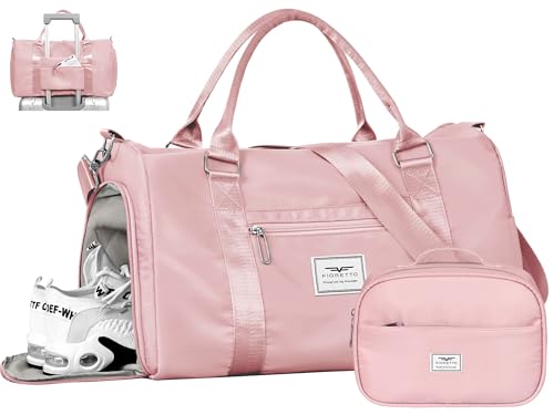 FIORETTO Womens Gym Tote Duffle Bag with Toiletry Bag, Sports Duffel Overnight Hospital Workout Carry on for Girls with Wet Pocket & Shoe Compartment, Ideal for Travel, Swimming, Dance Pink - color: Pink, style: Gym Bag With Toiletry Bag