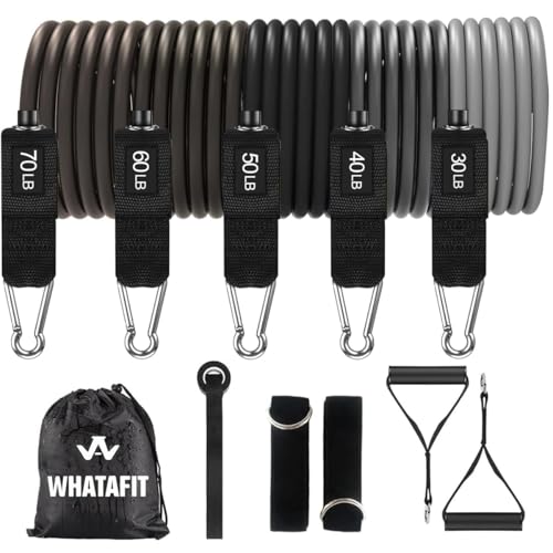 WHATAFIT Resistance Bands with Handles, 5-Level Exercise Bands for Workout | Natural latex,10-50 lbs, stackable to 150,Ankle Straps, Door Anchor,Guide. For Strength, Yoga,Home Gym,Travel & Workout. - color: Dark Gray