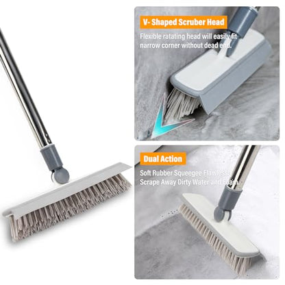 4 in 1 Tile Shower Cleaner Brush, Long Handled Scrub Brush for Shower with Adjustable Long Handle Floor Scrub Brush for Cleaning Bathroom/Shower/Tub/Tile/Kitchen/Glass/Wall