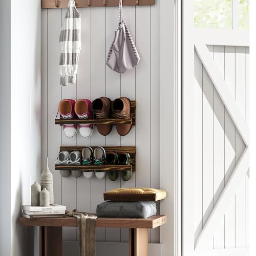 Nisorpa 20 Inches Wall Mounted Shoe Rack, Rustic Burnt Wood Wall Shoe Rack Mounted Slim, and Small Space Saving Shoe Storage Solution for Shoes in Narrow Spaces, Entryways, or Hallways, 2 Pack - size: 20 inch