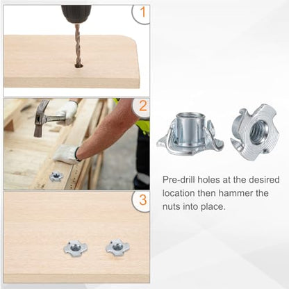 HARFINGTON 5/16x10mm T-Nuts 4 Pronged Tee Nut 0.83" x 0.39" Fully Thread Carbon Steel Inserts for Wood, Rock Climbing Holds, Cabinetry, Furniture 50pcs - size: 5/16" x 0.39" x 0.83" x 0.39"