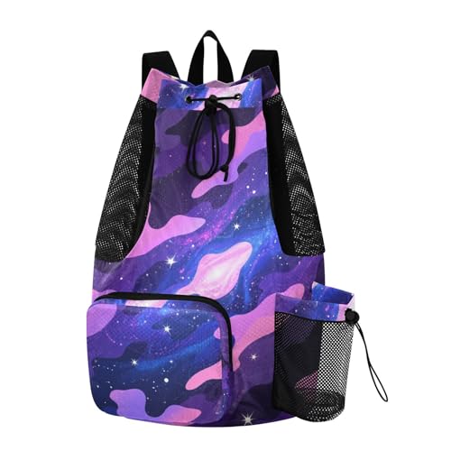 Drawstring Climbing Gym Bag With Water Bottle Holder Drawstring Gym Bags For Men Women with Wet Dry Compartments Camouflage Starry Purple Black Blue