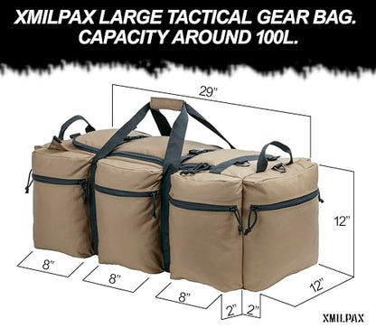 100L Large Military Duffle Bag Deployment Duffel Bag Sports Equipment Travel Luggage Bag with Detachable Backpack Straps… - color: Tan+Black