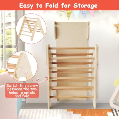 HONEY JOY 5 in 1 Wooden Climbing Toys for Toddlers, Triangle Climber with Ramp for Sliding or Climbing, Indoor Beech Montessori Triangle Climbing Arch Set for Daycare, Gym & Playground, Natural - style: 5 In 1