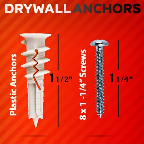 CrimsonMark 120Pcs #8 Self Drilling Drywall Anchors and Screws kit #8 x 1-1/4”- Superb Wall Anchors for Drywall, Holds Upto 75lbs – No Drill Hole Required with These Dry wall Screws and Anchors - size: Nylon