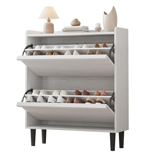 Takywep Flip Drawer Shoe Storage Cabinet for Entryway, Hidden Narrow Wooden Shoe Organizer with Removable Inner Shelves, Hallway Shoe Rack Cabinet, Multiple Options: 2 Drawers in White Finishes - color: White, size: 2 Drawers