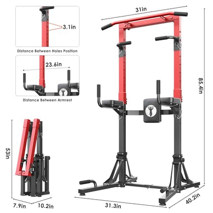 DlandHome Foldable Power Tower Pull Up Bar Station, Strength Training Fitness Equipment, Multi-Function Adjustable Height Pull Up Dip Station for Home Gym Workout, Pull Up Stand, Black & Red