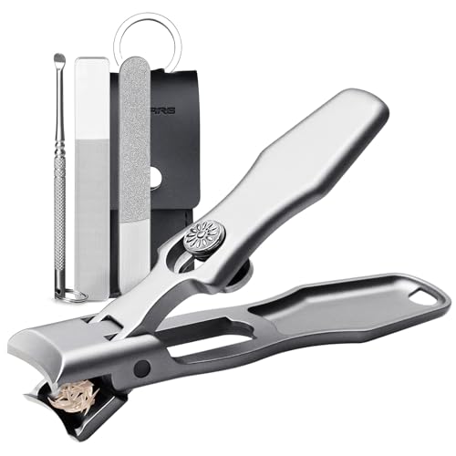 Nail Clippers for Men Thick Toenails and Fingernail,Wide Jaw Opening Anti-splash Safety Lock Finger Nail Cutter with Metal File,Ear Pick,Glass File and Storage Case,for Adult Seniors,Silver Set - color: Silver Set
