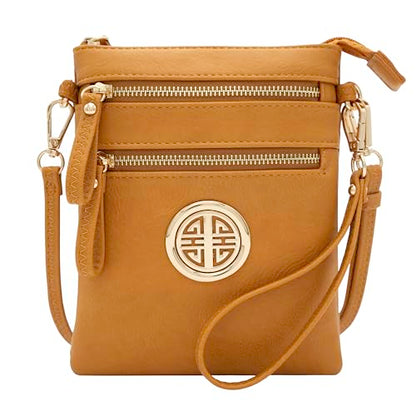 Solene Small Multi Zipper Pockets Crossbody Bag with Detachable Wristlet - color: Mustard