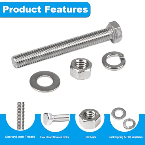 MroMax 5 Sets 3/8-16 x 4 Hex Head Screw Bolt, Nuts, Flat Washer & Spring Lock Washers Kits,Fully Threaded, Stainless Steel 18-8（304）, Bright Finish - size: 3/8-16 × 4" (5 Sets)