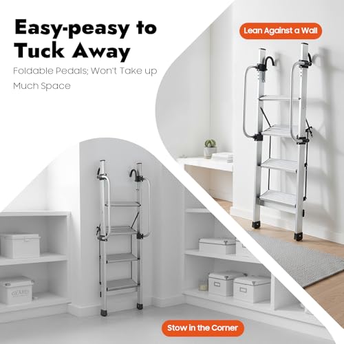 4-Step Ladder, Adjustable Home RV Loft Stair Bed Ladder Step Stool Ladder with Handrail & 5 Pedal Gears, 330.69lbs Capacity Wall & Floor-Mounted Truck Boat Safety Climb Stair