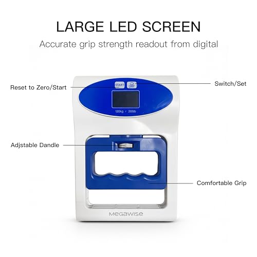MEGAWISE Digital Hand Dynamometer, 265 lb Grip Strength Tester | Adjustable handle spacing, backlit LCD, lb/kg units, peak result hold, and support for isometric grip exercises.