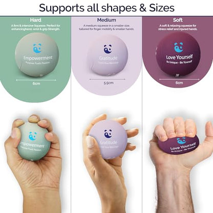 Mind & Body Stress Balls for Adults - Multi-Density Squeeze Balls for Hand Therapy & Grip Strengthening - Stress & Anxiety Relief - Choose 3-Ball (Soft, Medium & Hard) or 2-Ball (Soft & Hard) Sets - color: Empowering - Rose, Mint, Plumb