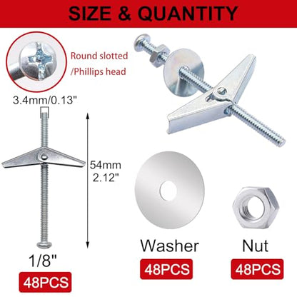 192Pcs 1/8 Inch Toggle Bolts, Heavy Duty Drywall Anchors and Screws Kit, Butterfly Anchors Toggle Bolts and Wing Nut Kit with Nuts Washers for Hollow Wall, Ceiling (48 Sets) - color: Silver - 1/8"
