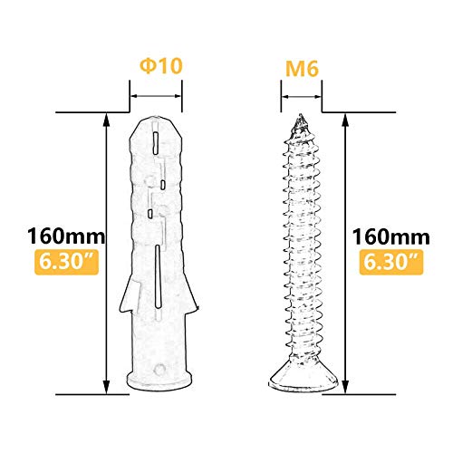 10 Set Screw and Anchors Set M6x160 Screw with 10x160 Plastic Expander Anchor Screw Hole Fillers and Screw Galvanized Plated for Drywall Hollow Wall Concrete Ceiling Tile Wood (Φ10-160mm,10set,M6x160) - size: Φ10-160mm