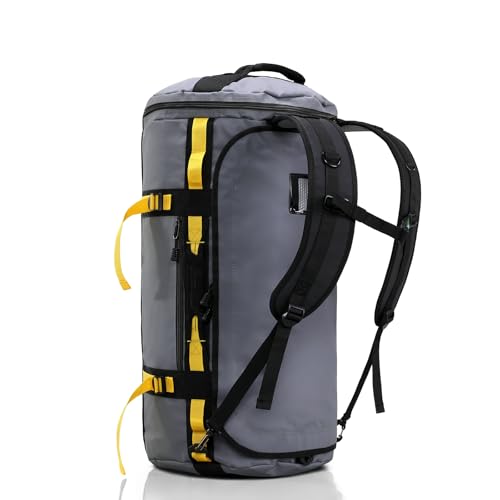 Haimont Heavy Duty Convertible Travel Duffel Backpack, Grey, 45L | Shoe Compartment, Water-Resistant Tarpaulin, Wide U-Shaped Opening - color: Grey, size: 60L