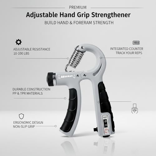 Adjustable Hand Grip Strengthener with Auto Counter, 10-100 lbs Resistance for Forearm Training, Ergonomic Non-Slip Design - color: Gray