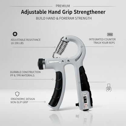 Adjustable Hand Grip Strengthener with Auto Counter, 10-100 lbs Resistance for Forearm Training, Ergonomic Non-Slip Design - color: Gray