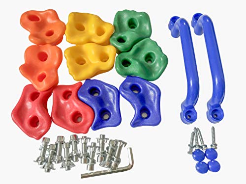 KINSPORY 10pc Rock Wall Climbing Holds for Kid, Play Set Climber Attachment | Colourful anti-slip pig nose rocks, two blue handles, complete mounting hardware for indoor outdoor playground building