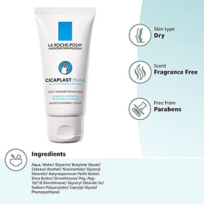 La Roche-Posay Cicaplast Hand Cream, Instant Relief Moisturizing Hand Lotion for Dry Hands, Shea Butter Lotion for Dry Cracked Hands, Non Greasy, Fragrance Free - size: 1.69 Fl Oz (Pack of 2)