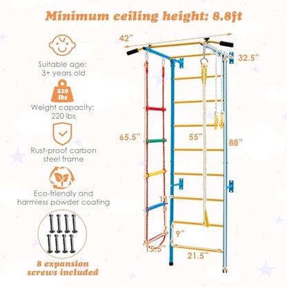 HONEY JOY Climbing Toys for Toddlers, Upgrade Metal Indoor Kids Gym for Solid Wall, Playground and Climbing Exercise Set with Rope Ladder, Pull-up Bar, Monkey Bars, Gymnastic Rings (5 in 1) - size: 5 In 1