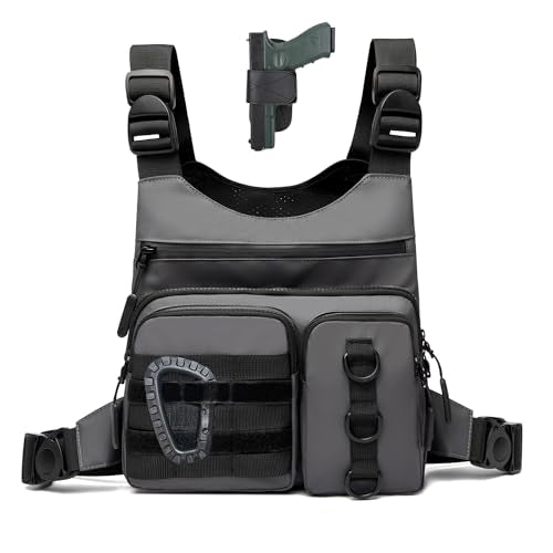 Criuage Tactical Chest Bag for Men, Lightweight Adjustable Running Vest, Water Resistant EDC Chest Pack with Water Bottle Pocket, Breathable Back Pad for Hiking Cycling Fishing Travel - color: Grey