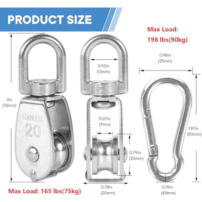 10x 304 Stainless Steel M20 Single Swivel Rope Pulley Blocks w/Snap Hooks | 360° anti-twist swivel pulley. For lifting, towing & hanging wire rope on crane/outdoor. Has spring snap hooks for fast fit - size: M20-10pcs