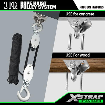 XSTRAP STANDARD Rope Hoist Pulley System, 1000LB Capacity Block and Tackle, 5:1 Lifting Power 50ft Heavy Duty Pulley Block for Hunting Lifting Objects with Work Gloves, 2pcs Soft Loops, 1 Swing Hanger - color: 50 Ft+Silver Black+1 Swing Hanger