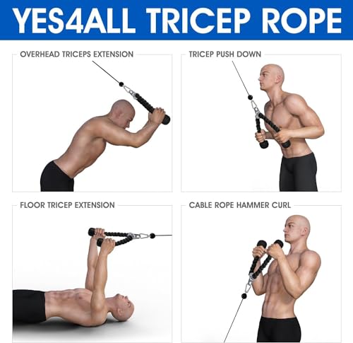 Yes4All Cable Machine Attachment, Row Handles, Tricep Rope, Straight Bar, V Bar, LAT Pulldown Accessories Load 880 LB for Home Gym - color: K. Black Tricep Rope 27"