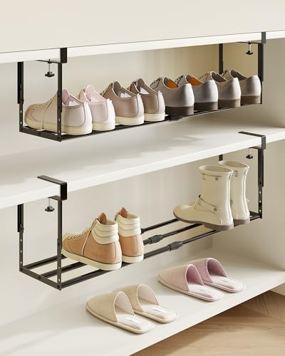 2 Pack Expandable Shoe Rack Organizer for Cabinet, Adjustable Hanging Under Shelf Storage, Sturdy Round Tube Design, Space Saving Shoe Shelf for Closet, Entryway, Laundry Room, Black - color: Modern Black-2pack