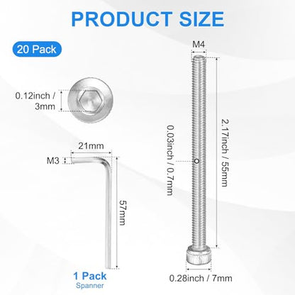 M METERXITY 20-Pack M4 x 55mm Socket Head Cap Screws, 304 Stainless Steel Hex Machine Bolts, Allen Socket Drive Screw with Hex Wrench for Repair/DIY, Fully Threaded Fasteners Kit [Silver] - size: M4 x 55mm
