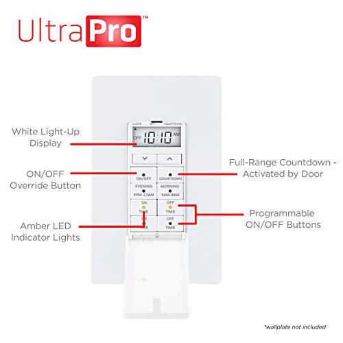 UltraPro in-Wall Digital Timer Switch, Countdown, Custom On/Off, 1 Pack | Countdown Mode, 2 Custom Programs, Manual Override, Single-Pole or 3-Way, White & Light Almond Faceplates, Neutral Required - style: 24HR Digital Timer