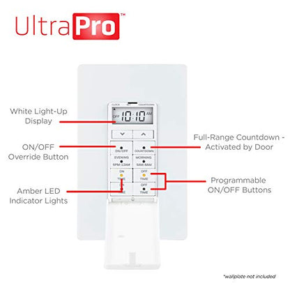 UltraPro in-Wall Digital Timer Switch, Countdown, Custom On/Off, 1 Pack | Countdown Mode, 2 Custom Programs, Manual Override, Single-Pole or 3-Way, White & Light Almond Faceplates, Neutral Required - style: 24HR Digital Timer