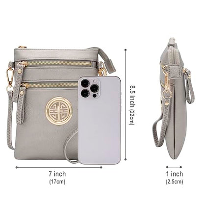 Solene Small Multi Zipper Pockets Crossbody Bag with Detachable Wristlet - color: Light Pewter