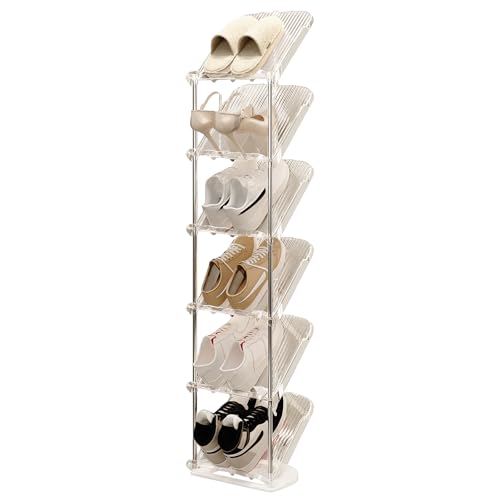 YYW Transparently Narrow Shoe Rack, Vertical Shoe Rack for Entryway Corner | Small Shoe Storage Organizer, Save Space Slim Shoe Shelf for Front Door Entrance, Easy To Assemble, PET Material - color: White, size: 6 Tier
