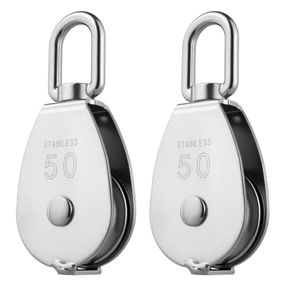 Rocaris 2 Pack M50 Single Pulley Snatch Block 304 Stainless Steel Lifting Crane Heavy Duty Swivel Hook, 3/8" Rope x 2" Sheave, 800 lbs Load - style: 2 Pack M50 Single
