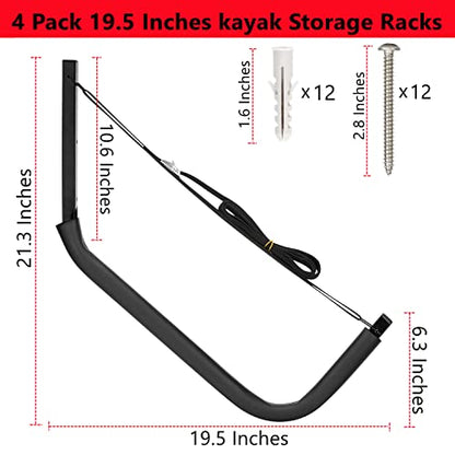 Kayak Storage Racks, Canoes Garage Storage Hooks, Wall Mount Surfboard Hangers and Stand-Up Paddle Board Holder - size: 19.5In-4 Pack