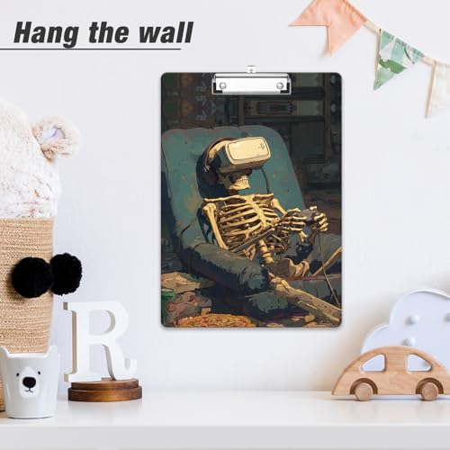 Rimilak Wood Clipboard, 8.5x11 Hardboard Clip Board, Game Skeleton | Fun Design, Cute Custom Pattern, 9 x 12.5 in Letter Size for Classroom, Teachers, Kid, Woman, School & Office Supply - color: Game Skeleton