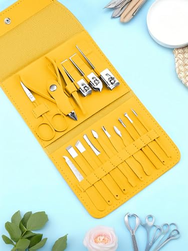 16-Piece Professional Manicure & Pedicure Kit - Comprehensive Nail Care Set with Stainless Steel Tools and Leather Case Yellow - color: Yellow