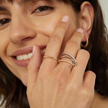 NOKMIT 14K Gold Plated 4 Interlocking Stackable Rings Set with CZ Cubic Zirconia Gold & Silver Mixed Metals Multi-Link Connected Statement Bands for Women Hypoallergenic Non Tarnish Jewelry Gifts - style: CZ Interlocking Rings