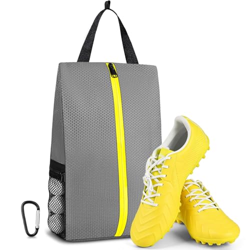 TOBWOLF Golf Shoe Bag, Smell Proof Cleat Bag Fits Up to Size 14 | Waterproof Protection, 2 Zippered Mesh Pockets for Golf Balls & Accessories Storage, Large Capacity for Travel and Gym Use - color: Grey-Yellow