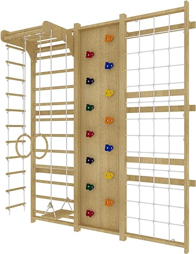 Avenlur Walnut 9-in-1 Swedish Ladder Wall Gym Kids, Indoor Climbing Wall | 2 Heights: 78.8" or 94.5" Montessori Indoor Playground & Jungle Gym, Rock Climbing Wall for Kids, Rope Ladder, Slide, Swing - size: 79" Height